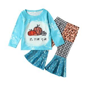 Girls Halloween Pumpkin Top- Colorblock Leopard Plaid Set - Multiple Sizes New!